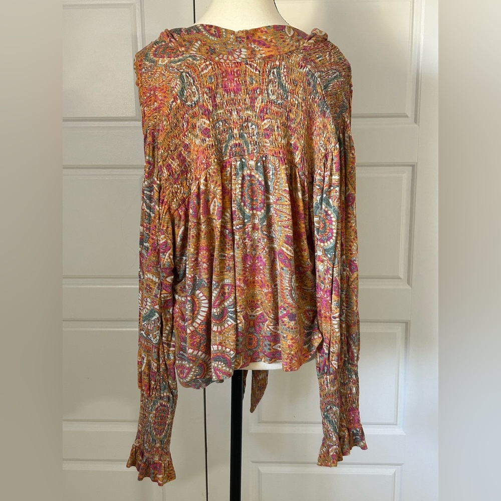 Free People Red and Orange Bell Sleeve Blouse with Tie Front - Picture 4 of 10